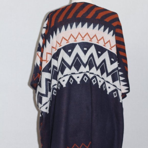 Blue & Orange Wool Tribal Fringe Shawl - Picture 11 of 15